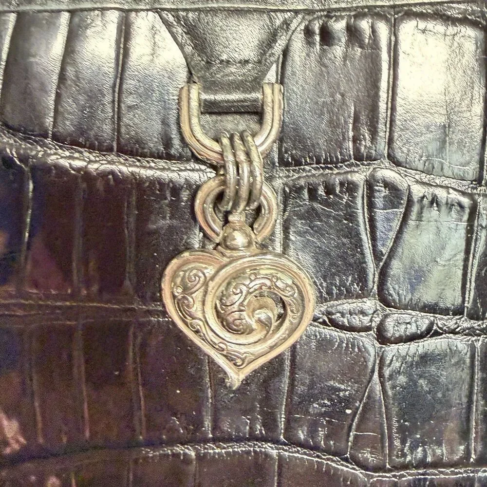 Brighton Black Faux Croc Embossed Shoulder Bag Vintage Plaid Lining Heart Charms